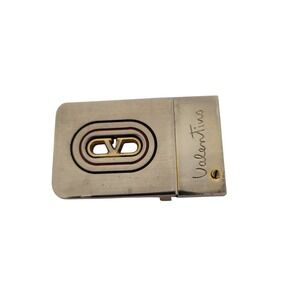 Vintage Valentino Belt Buckle Silver Gold Tone Logo Enamel Signature Rectangle